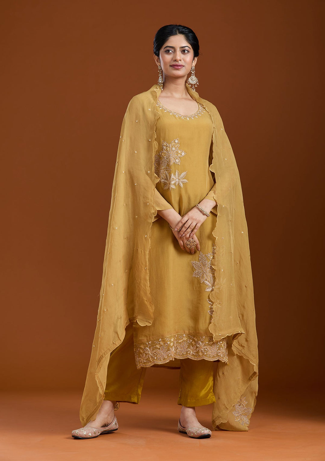 Mustard Yellow Zardozi (Gold) Organza Readymade Salwar Suit-Koskii