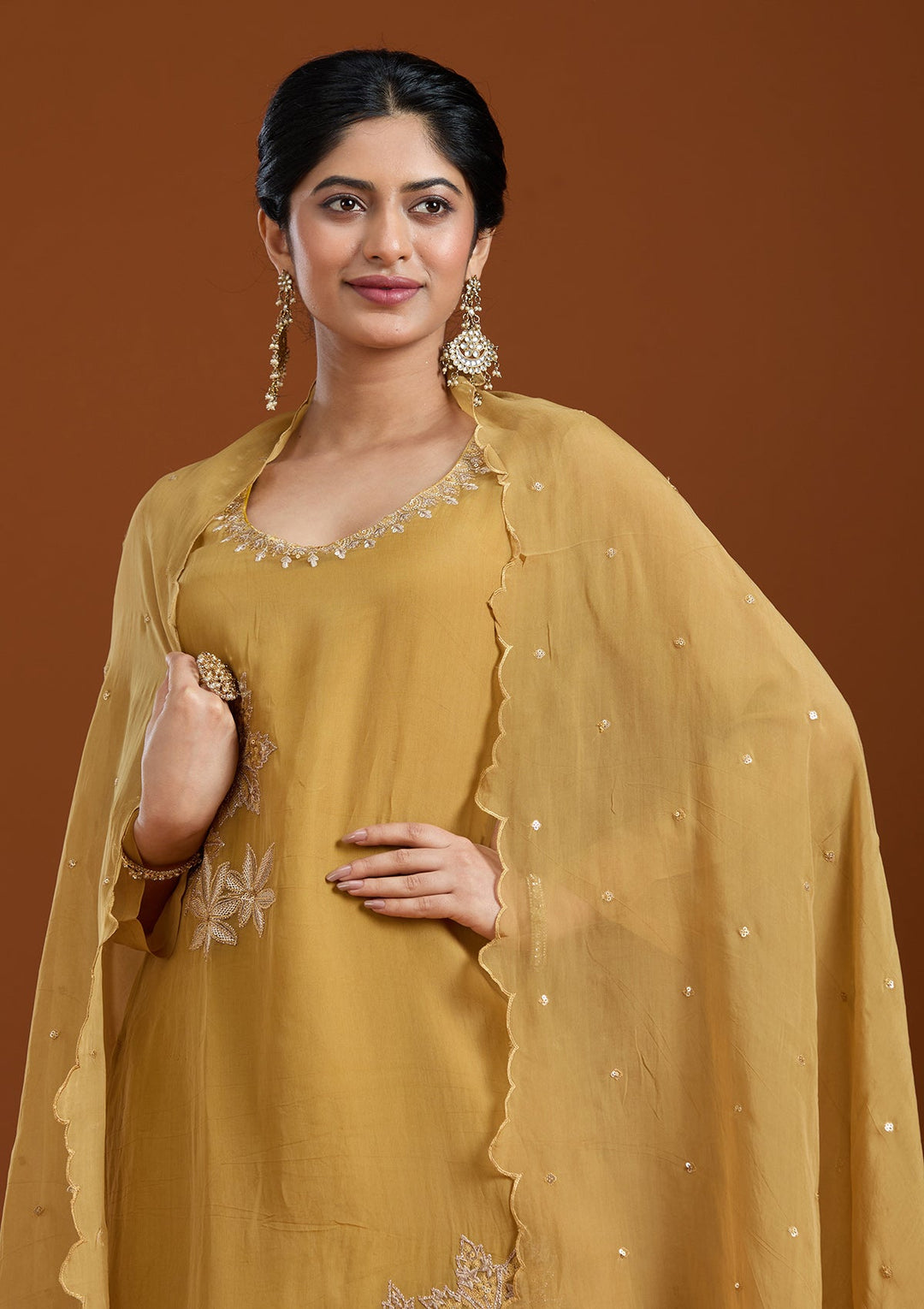 Mustard Yellow Zardozi (Gold) Organza Readymade Salwar Suit-Koskii