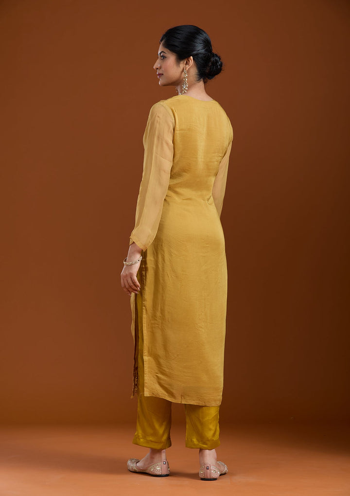 Mustard Yellow Zardozi (Gold) Organza Readymade Salwar Suit-Koskii