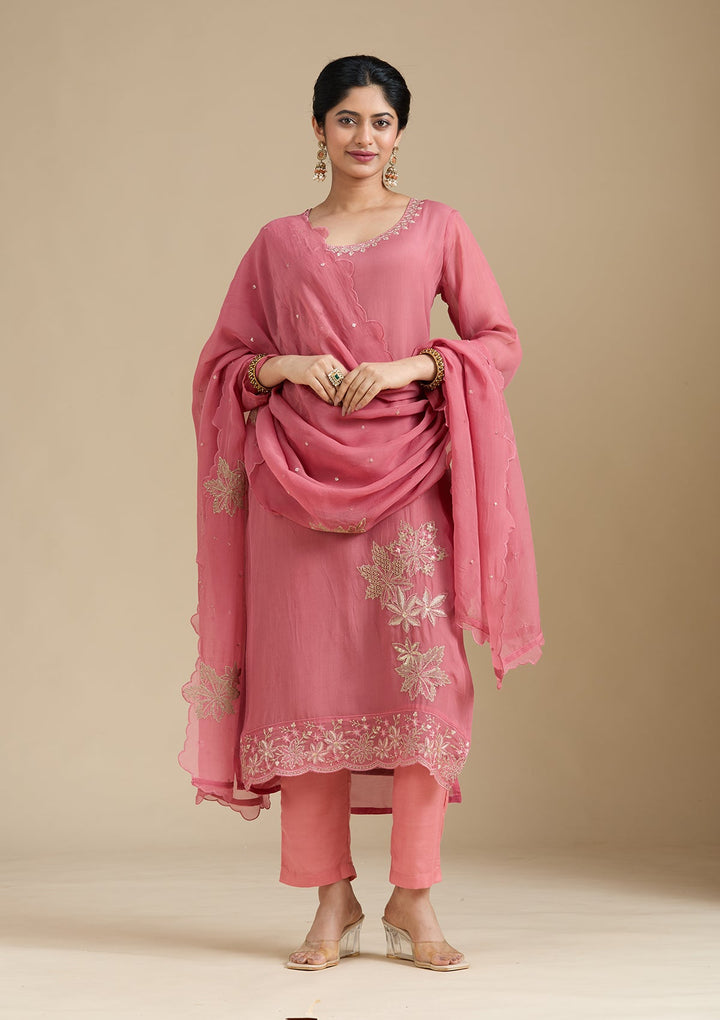 Peach Zardozi (Gold) Organza Readymade Salwar Suit-Koskii