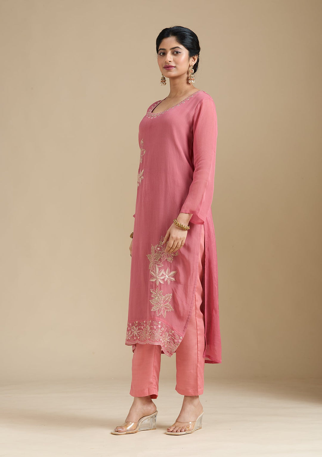Peach Zardozi (Gold) Organza Readymade Salwar Suit-Koskii
