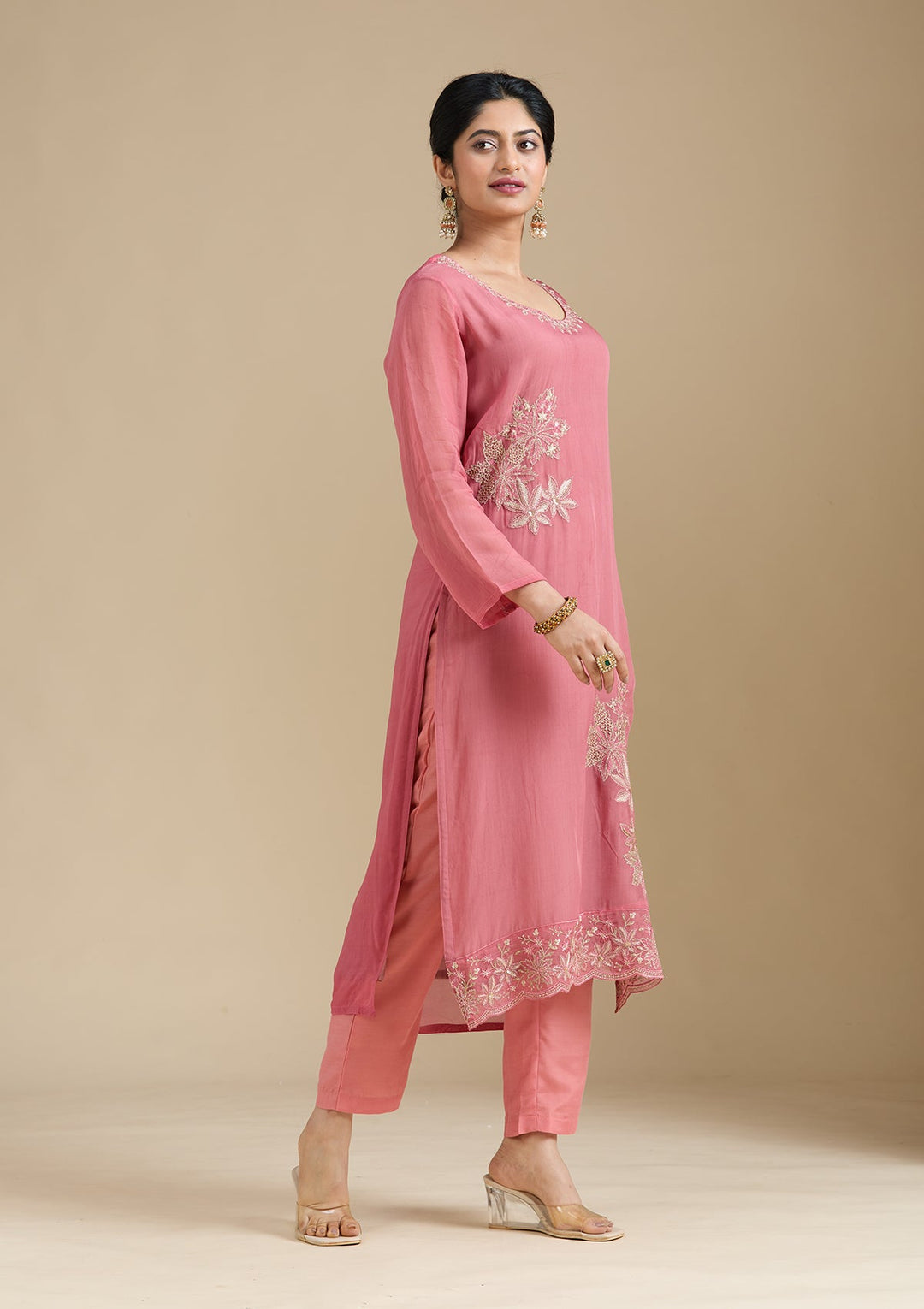 Peach Zardozi (Gold) Organza Readymade Salwar Suit-Koskii