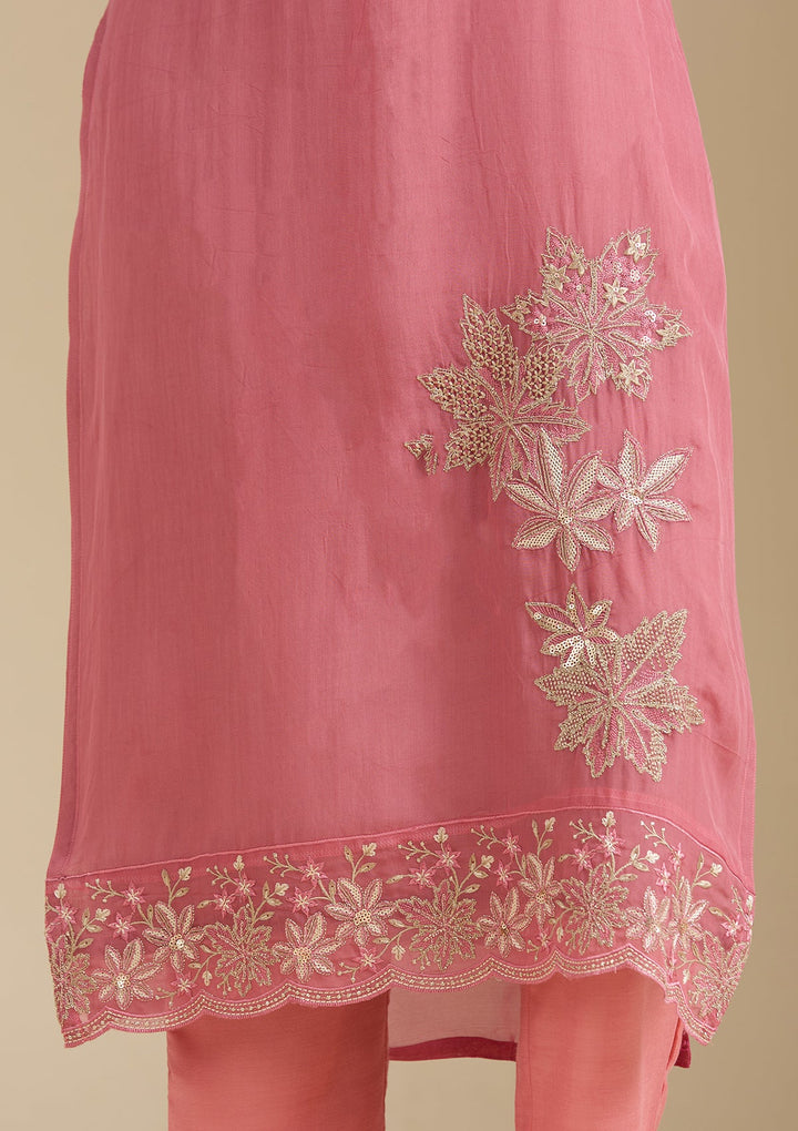 Peach Zardozi (Gold) Organza Readymade Salwar Suit-Koskii