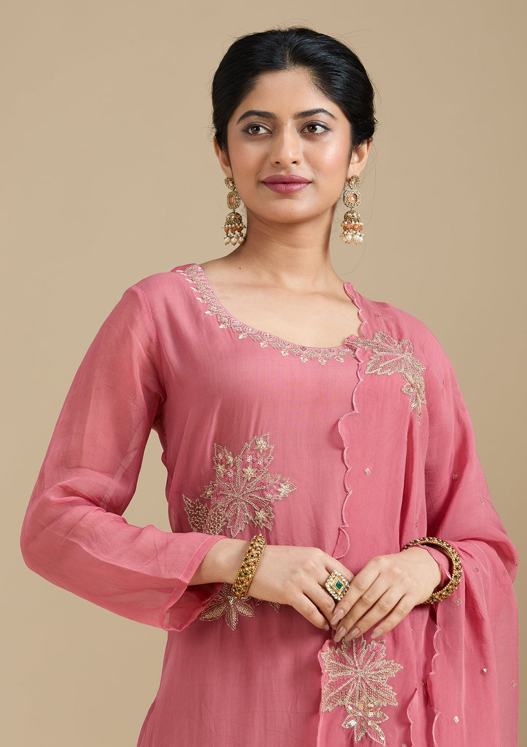 Peach Zardozi (Gold) Organza Readymade Salwar Suit-Koskii