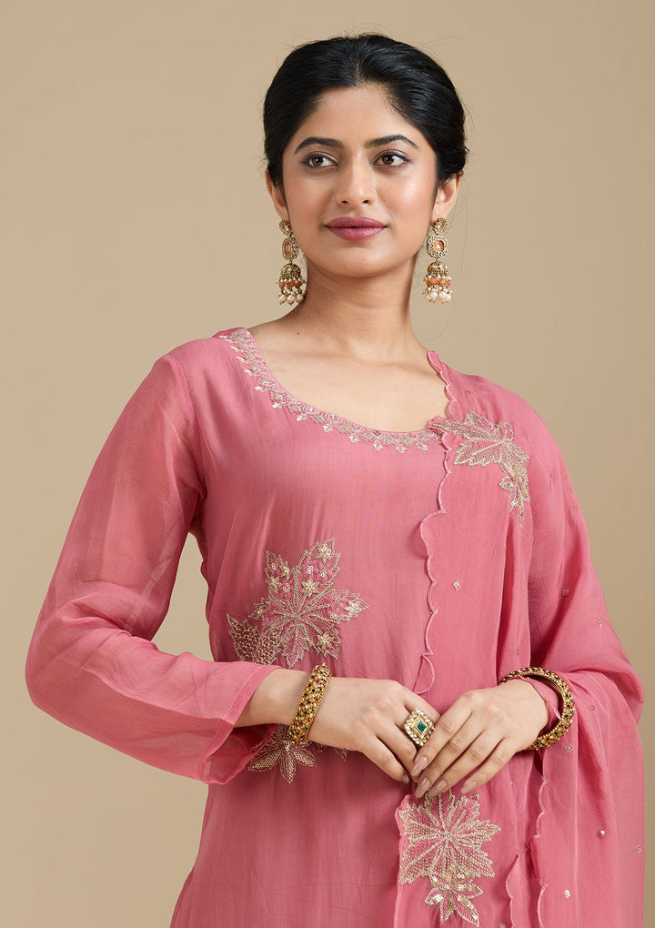 Peach Zardozi (Gold) Organza Readymade Salwar Suit-Koskii
