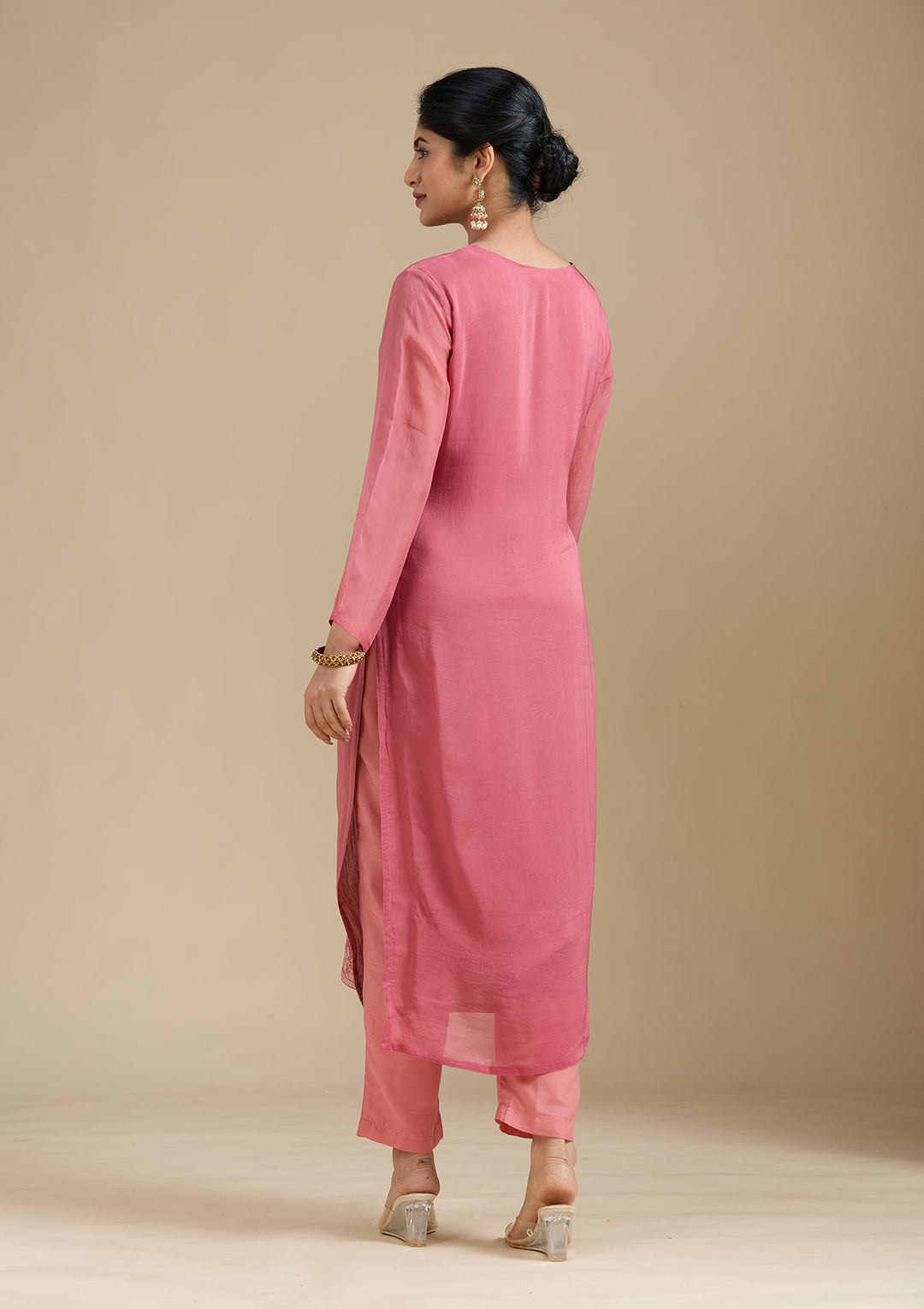 Peach Zardozi (Gold) Organza Readymade Salwar Suit-Koskii