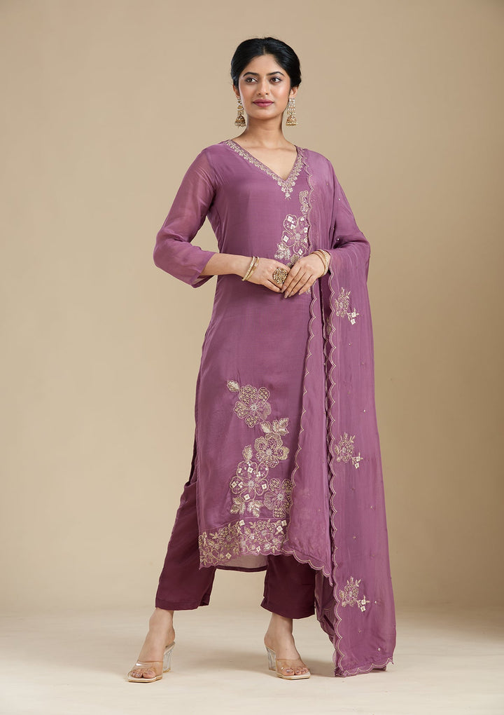 Purple Zardozi (Gold) Organza Readymade Salwar Suit-Koskii
