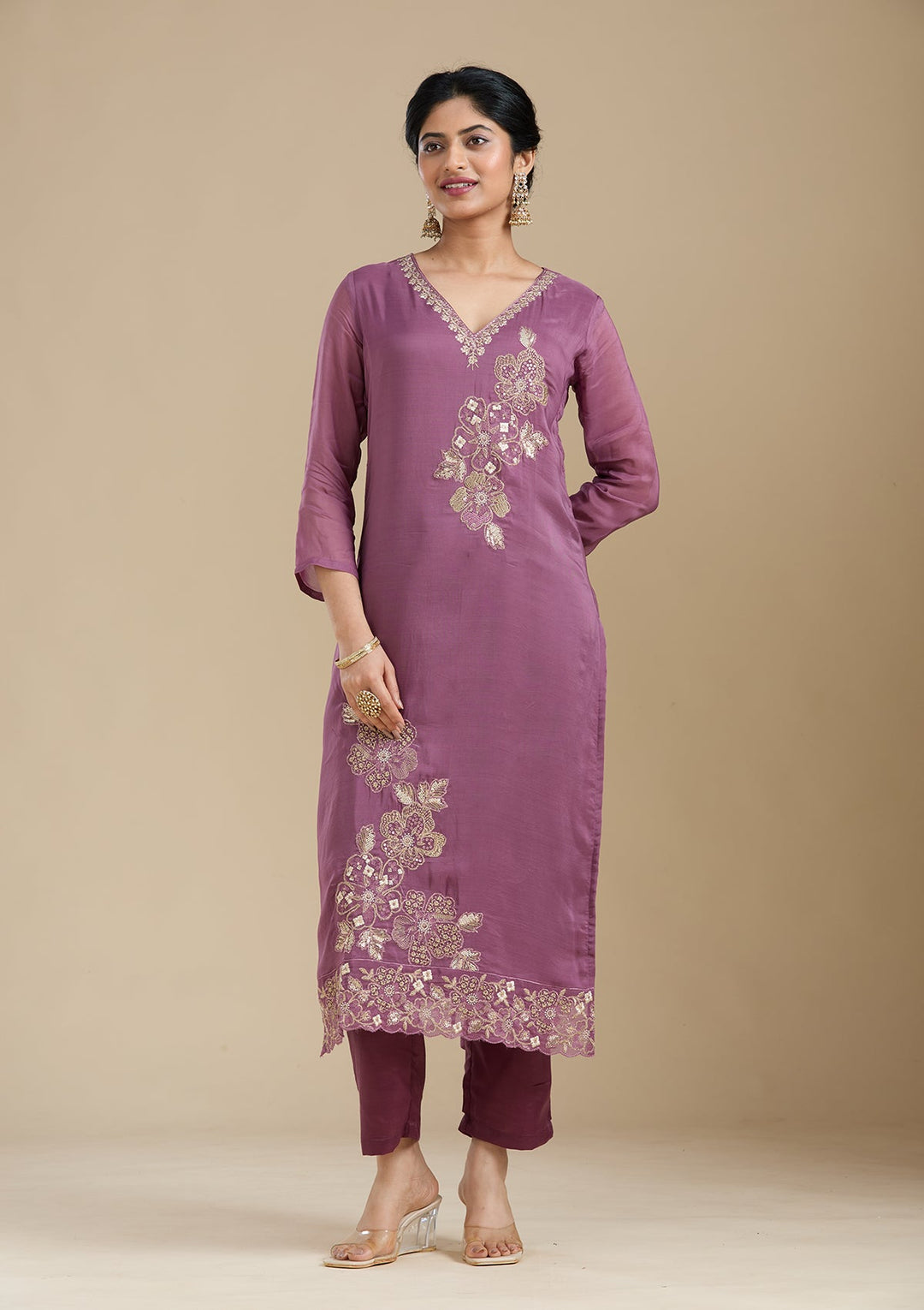 Purple Zardozi (Gold) Organza Readymade Salwar Suit-Koskii