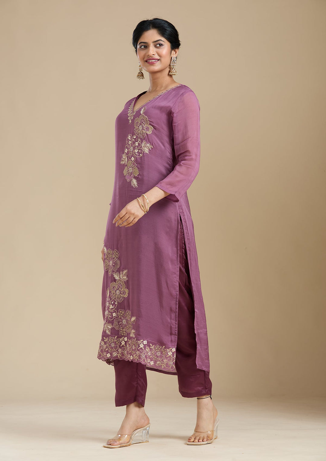 Purple Zardozi (Gold) Organza Readymade Salwar Suit-Koskii