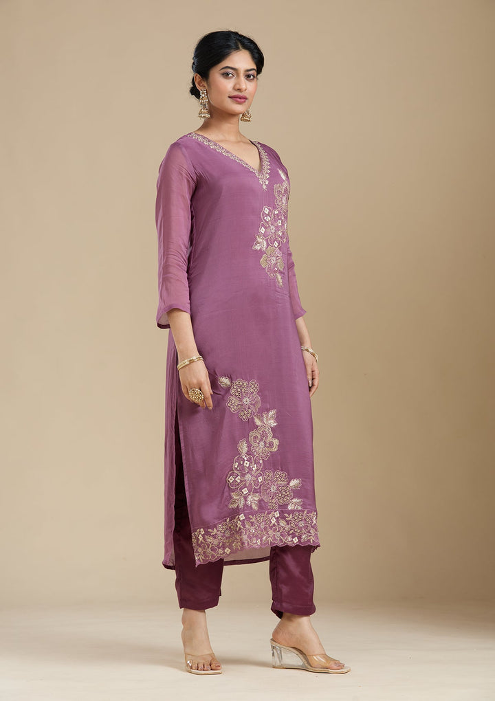 Purple Zardozi (Gold) Organza Readymade Salwar Suit-Koskii