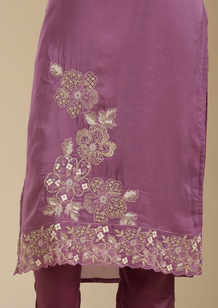 Purple Zardozi (Gold) Organza Readymade Salwar Suit-Koskii