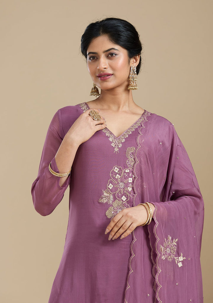 Purple Zardozi (Gold) Organza Readymade Salwar Suit-Koskii