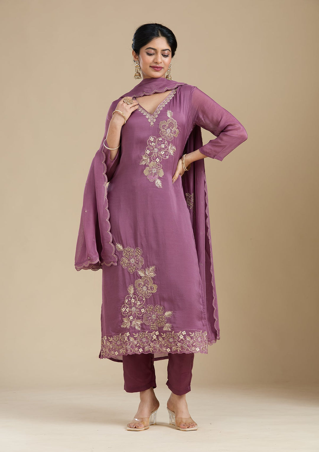 Purple Zardozi (Gold) Organza Readymade Salwar Suit-Koskii