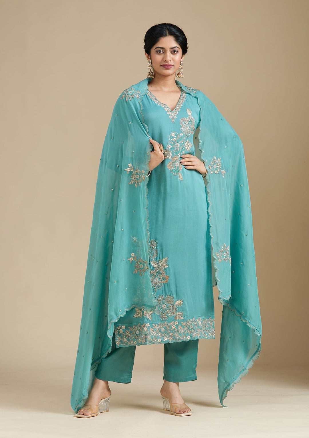 Sea Green Zardozi (Gold) Organza Readymade Salwar Suit-Koskii