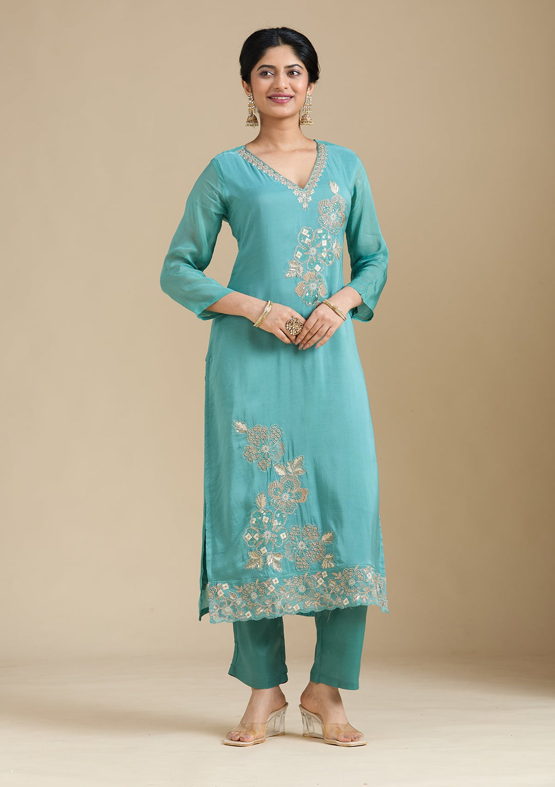 Sea Green Zardozi (Gold) Organza Readymade Salwar Suit-Koskii