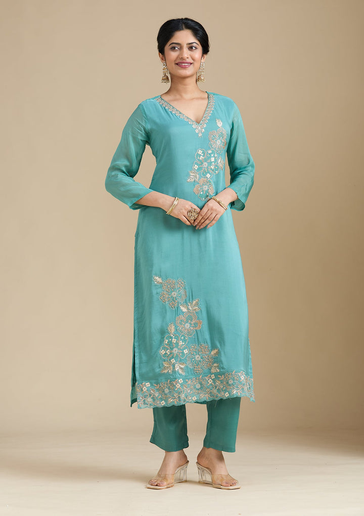 Sea Green Zardozi (Gold) Organza Readymade Salwar Suit-Koskii