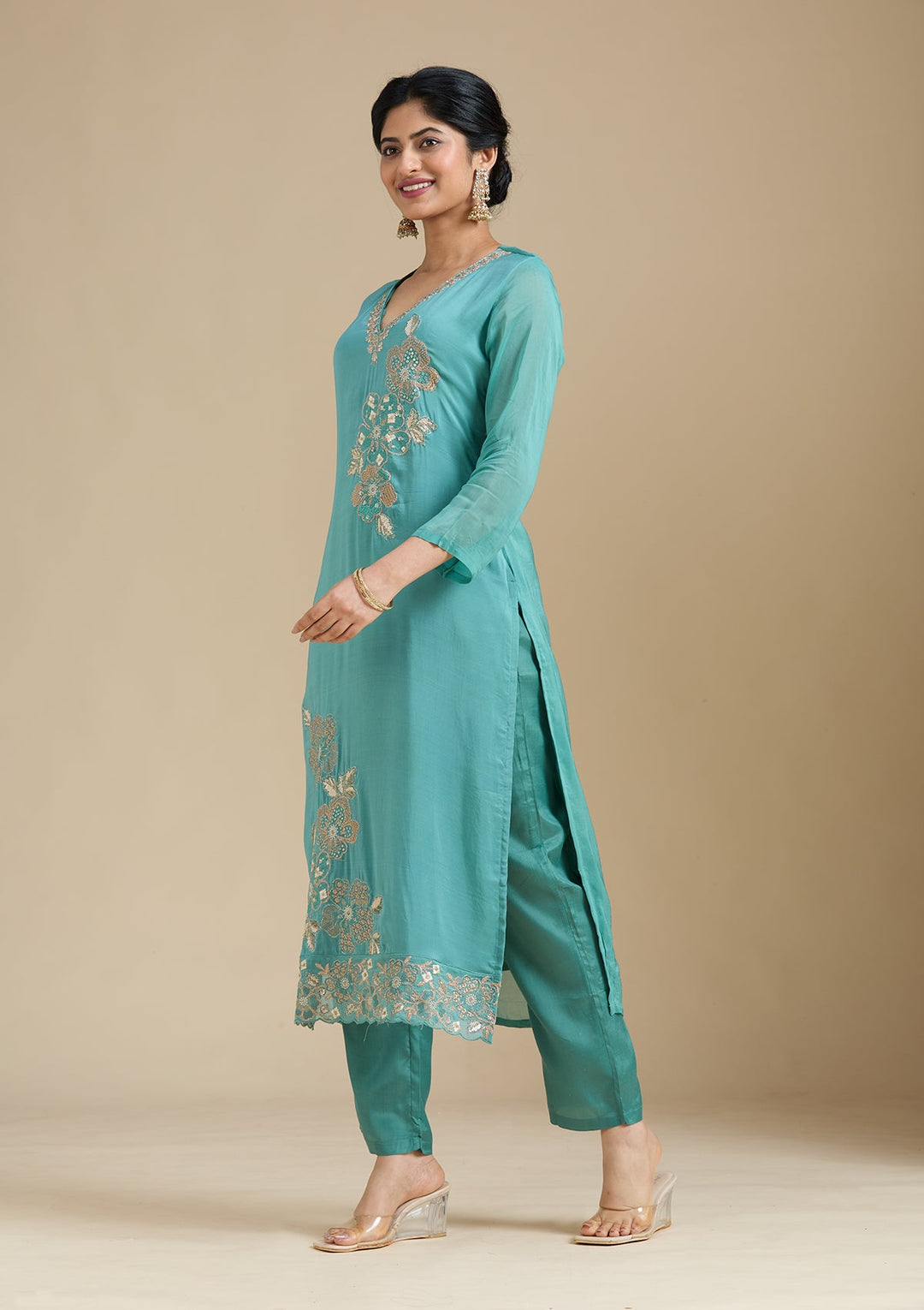Sea Green Zardozi (Gold) Organza Readymade Salwar Suit-Koskii