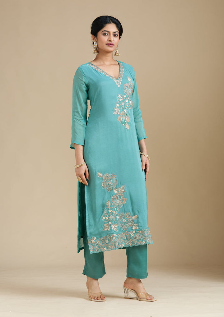 Sea Green Zardozi (Gold) Organza Readymade Salwar Suit-Koskii