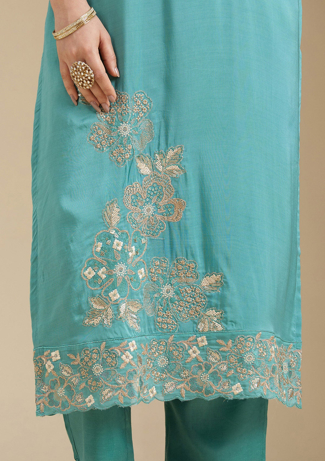 Sea Green Zardozi (Gold) Organza Readymade Salwar Suit-Koskii