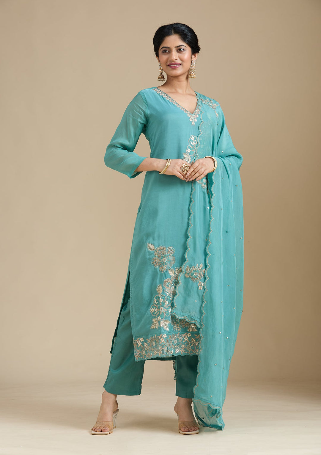 Sea Green Zardozi (Gold) Organza Readymade Salwar Suit-Koskii