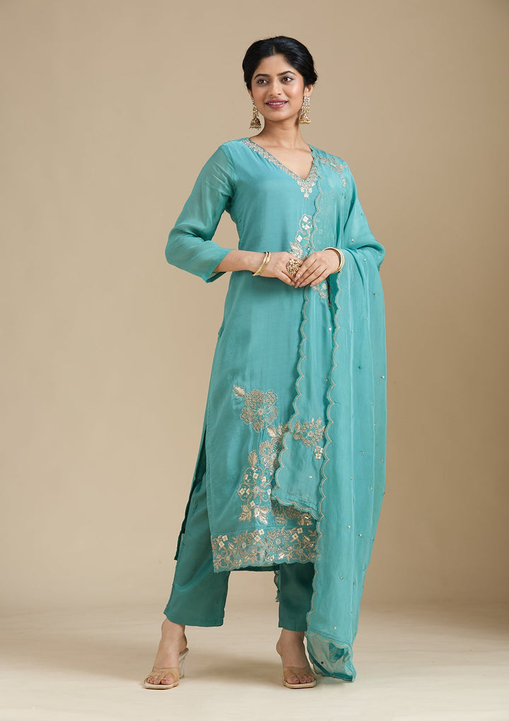 Sea Green Zardozi (Gold) Organza Readymade Salwar Suit-Koskii