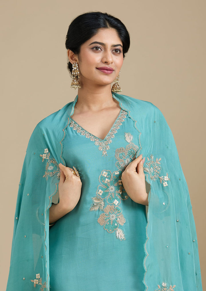 Sea Green Zardozi (Gold) Organza Readymade Salwar Suit-Koskii
