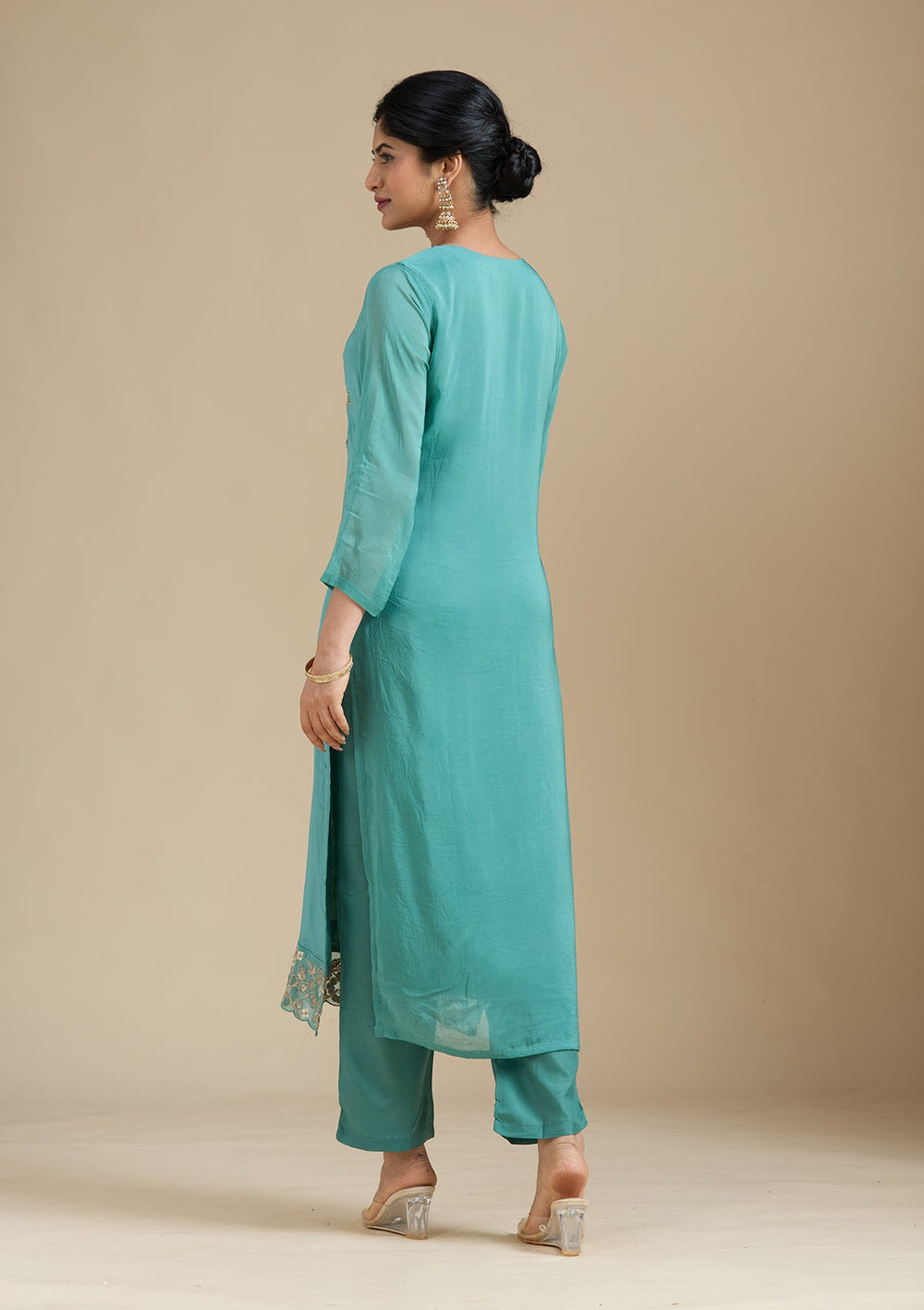Sea Green Zardozi (Gold) Organza Readymade Salwar Suit-Koskii
