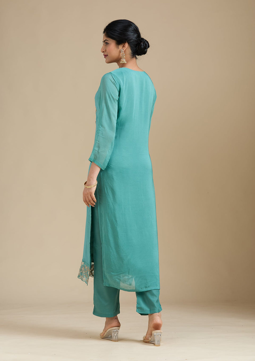 Sea Green Zardozi (Gold) Organza Readymade Salwar Suit-Koskii
