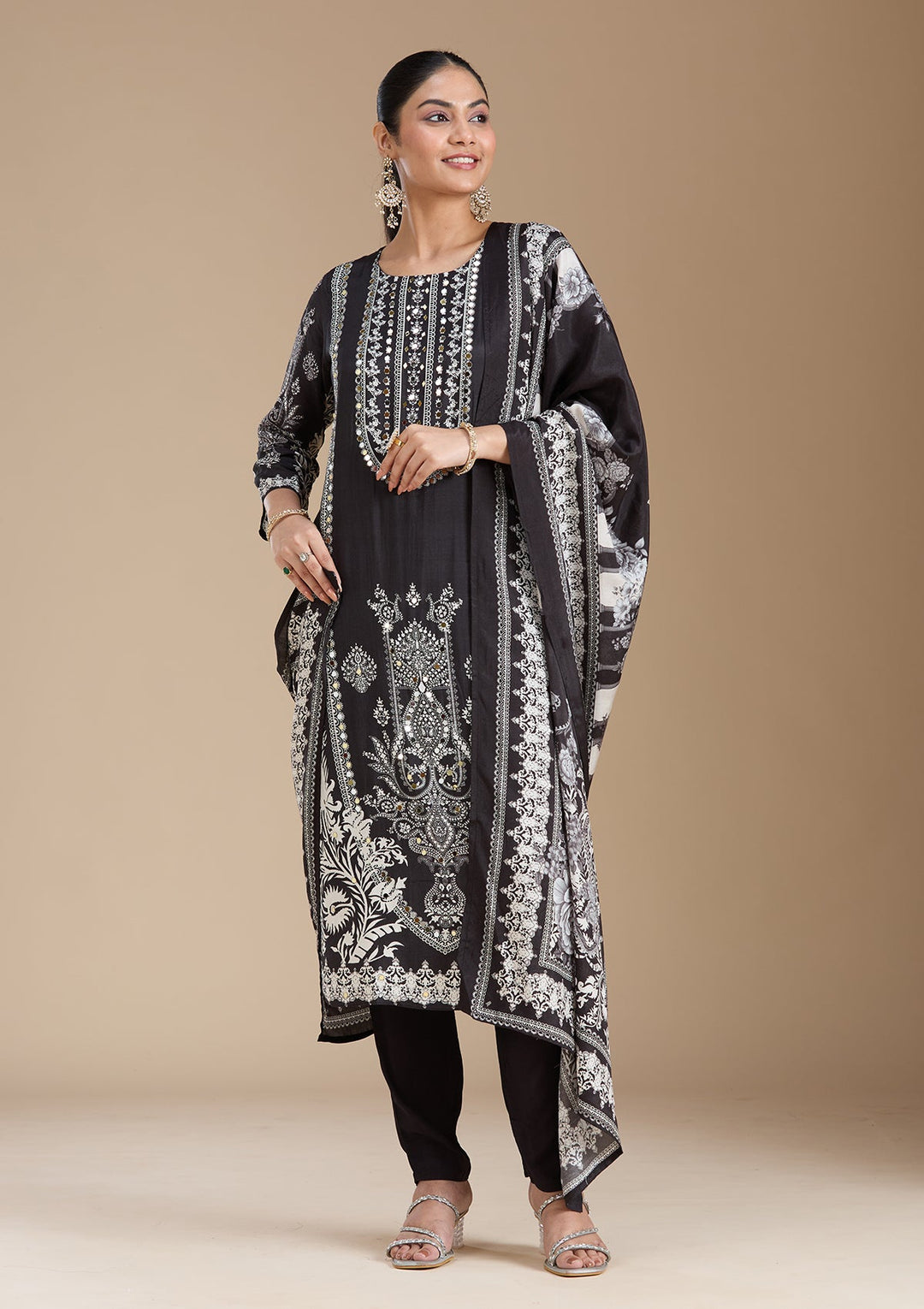 Black Printed Crepe Readymade Salwar Suit_koskii