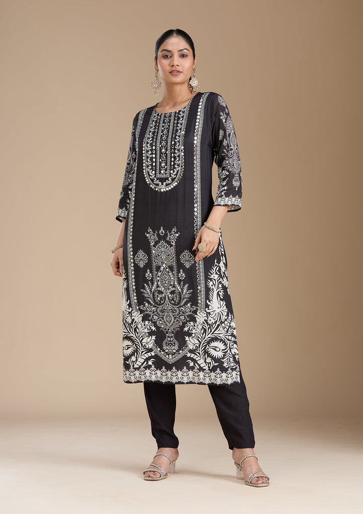 Black Printed Crepe Readymade Salwar Suit_koskii