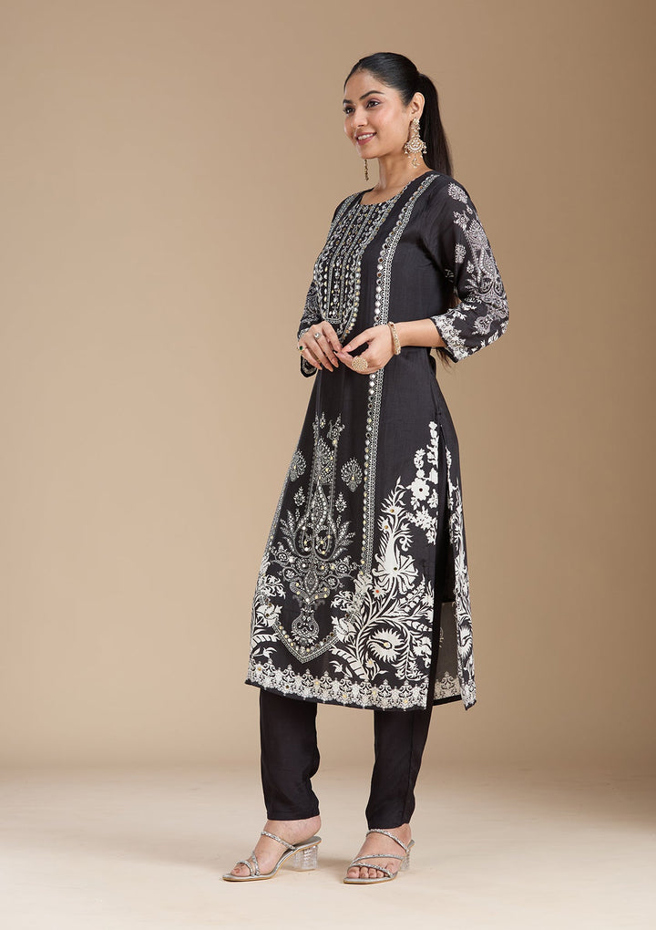 Black Printed Crepe Readymade Salwar Suit_koskii