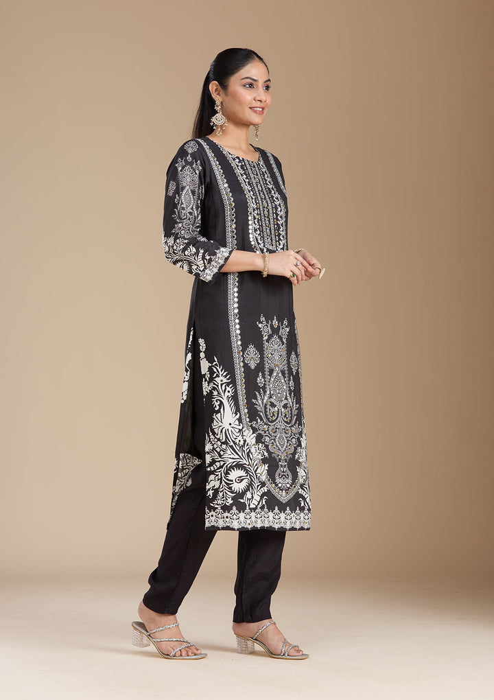 Black Printed Crepe Readymade Salwar Suit_koskii