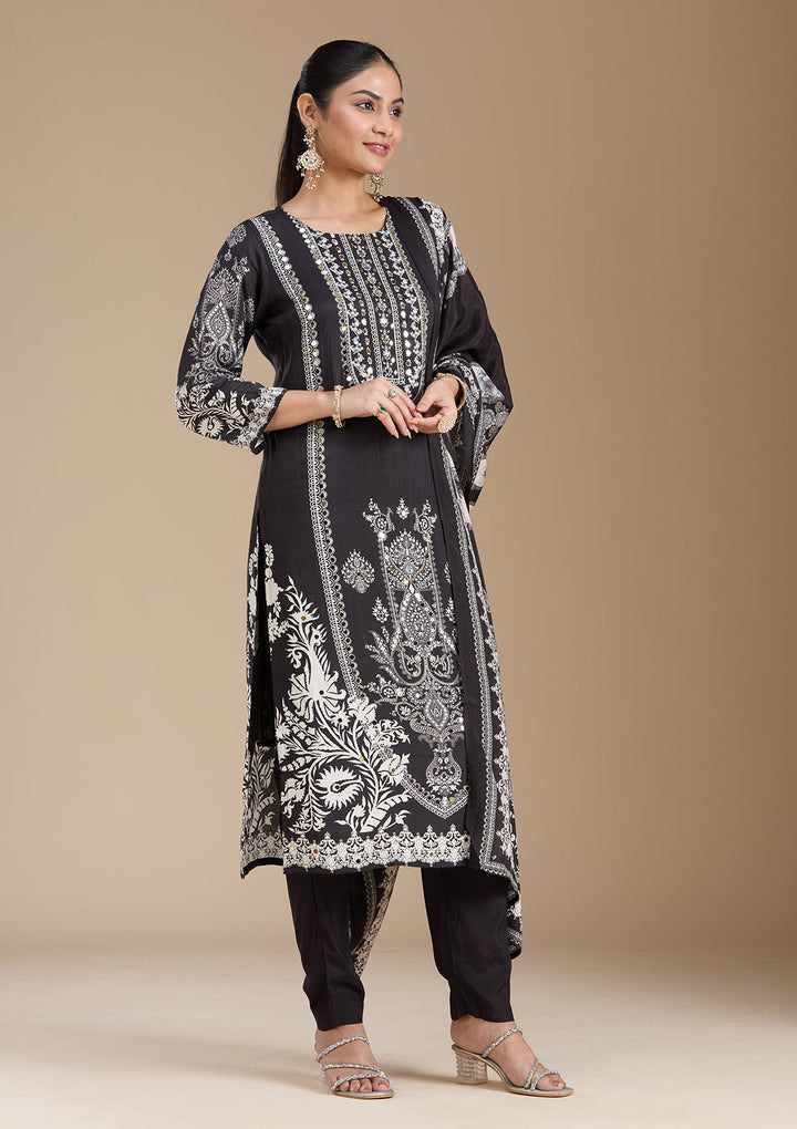Black Printed Crepe Readymade Salwar Suit_koskii