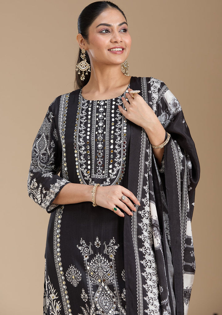 Black Printed Crepe Readymade Salwar Suit_koskii