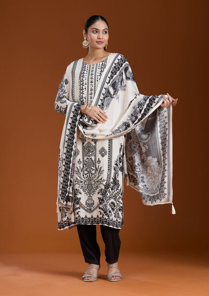 Off White Printed Crepe Readymade Salwar Suit-koskii