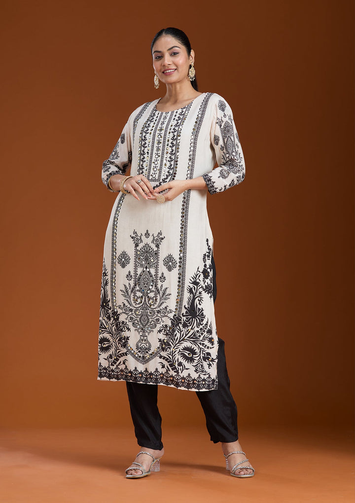 Off White Printed Crepe Readymade Salwar Suit-koskii