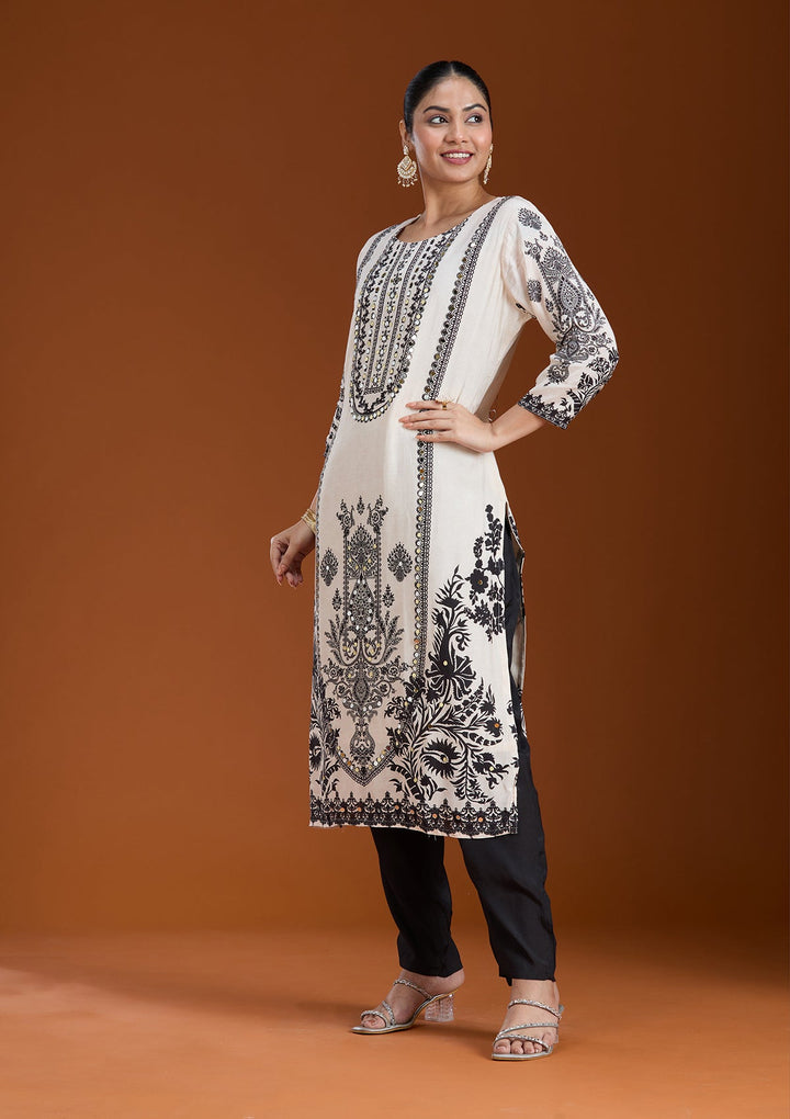 Off White Printed Crepe Readymade Salwar Suit-koskii