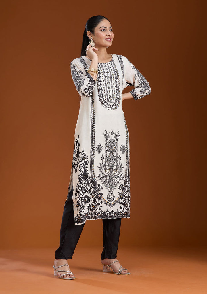 Off White Printed Crepe Readymade Salwar Suit-koskii