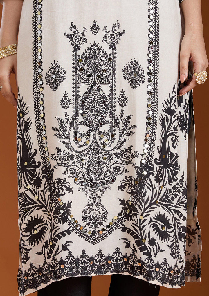 Off White Printed Crepe Readymade Salwar Suit-koskii
