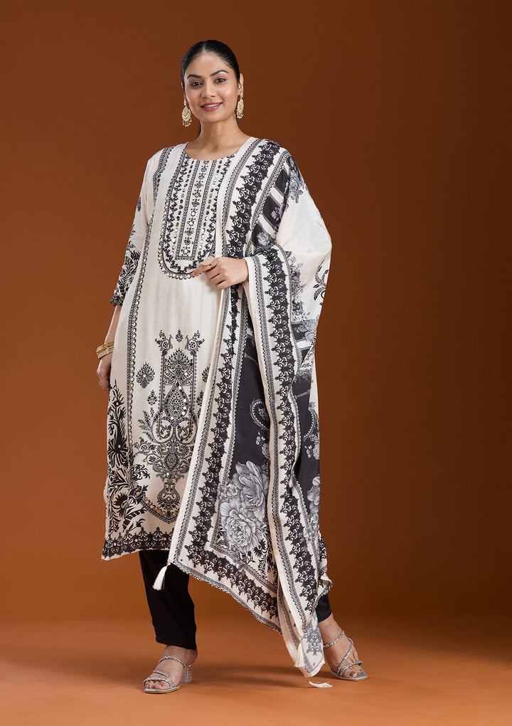 Off White Printed Crepe Readymade Salwar Suit-koskii