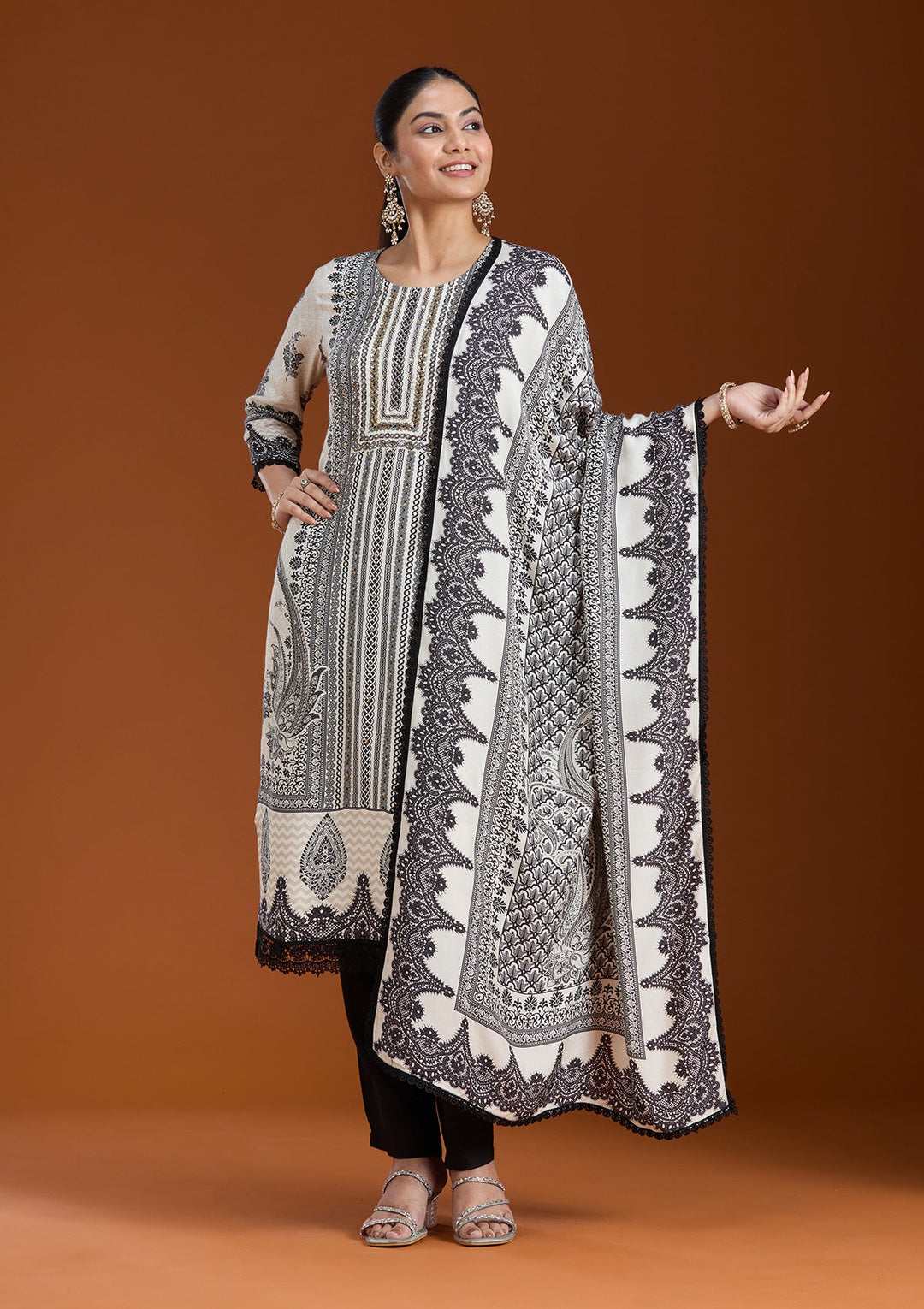 Off White Printed Crepe Readymade Salwar Suit_koskii