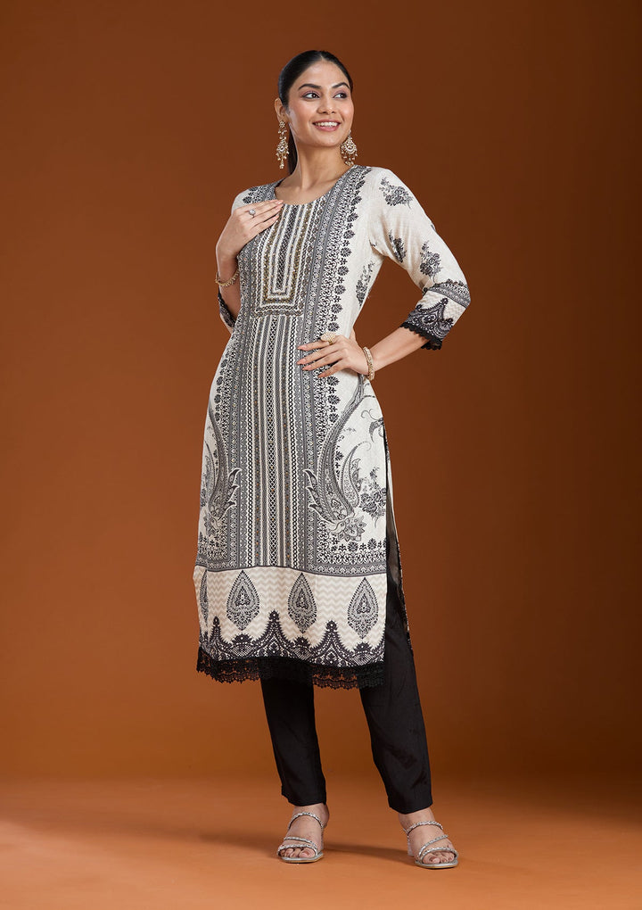Off White Printed Crepe Readymade Salwar Suit_koskii