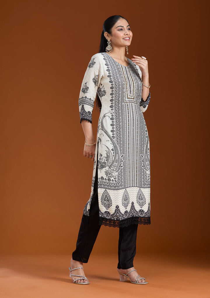 Off White Printed Crepe Readymade Salwar Suit_koskii