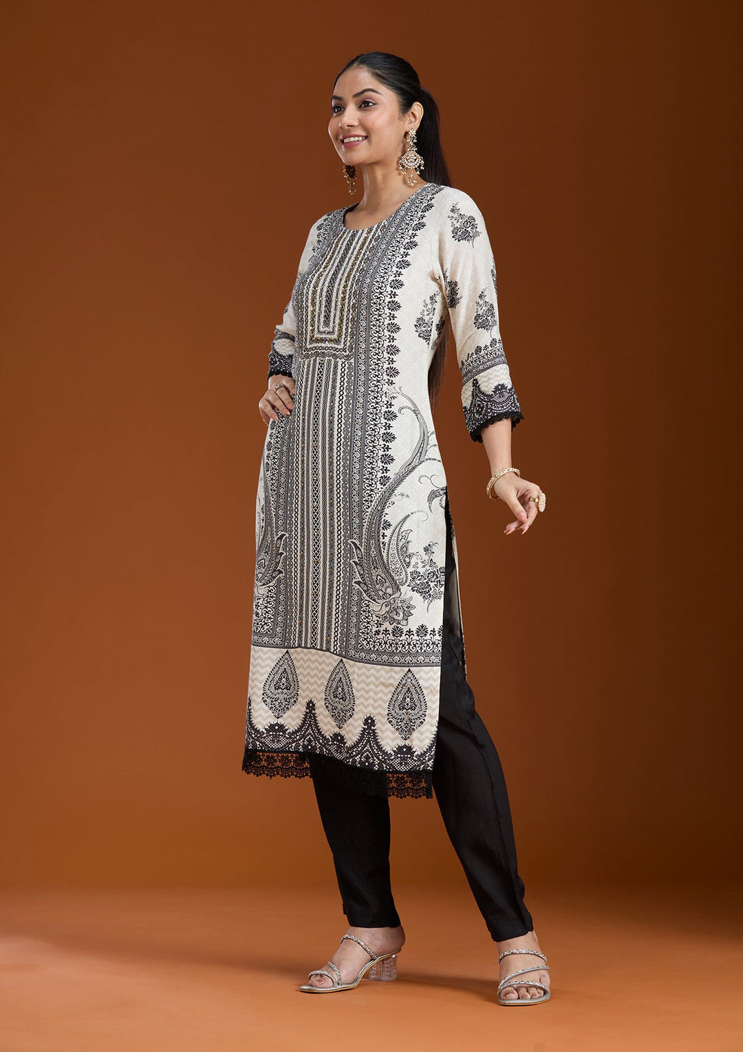 Off White Printed Crepe Readymade Salwar Suit_koskii