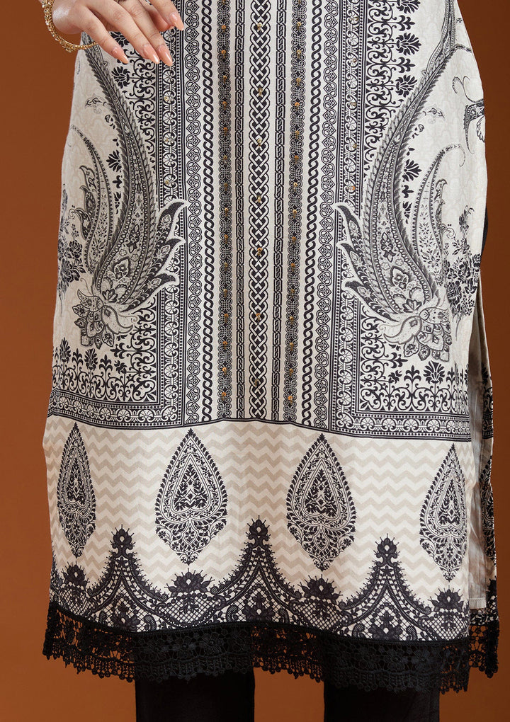 Off White Printed Crepe Readymade Salwar Suit_koskii