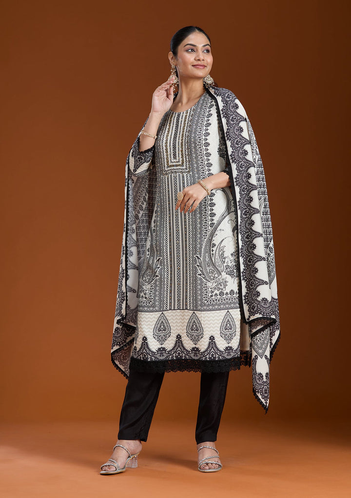 Off White Printed Crepe Readymade Salwar Suit_koskii
