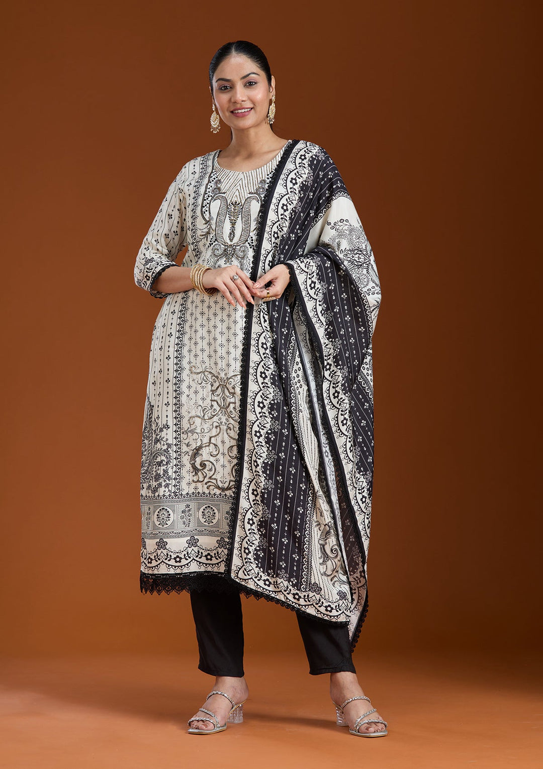 Off White Printed Crepe Readymade Salwar Suit_koskii