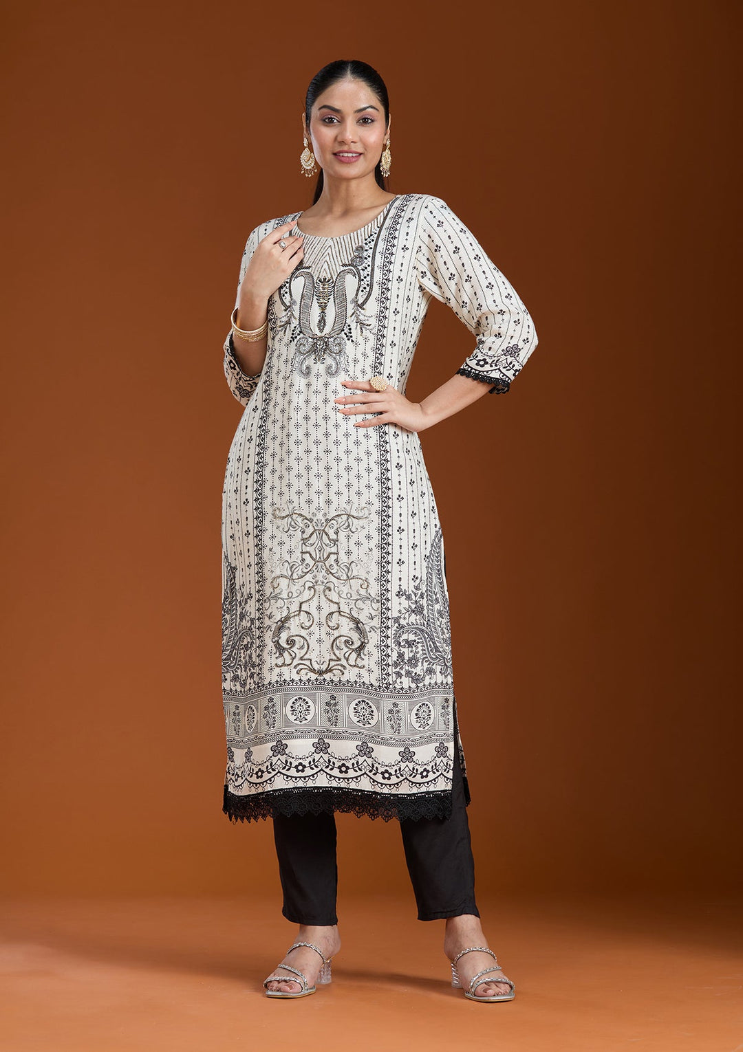 Off White Printed Crepe Readymade Salwar Suit_koskii