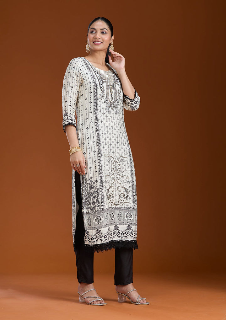 Off White Printed Crepe Readymade Salwar Suit_koskii