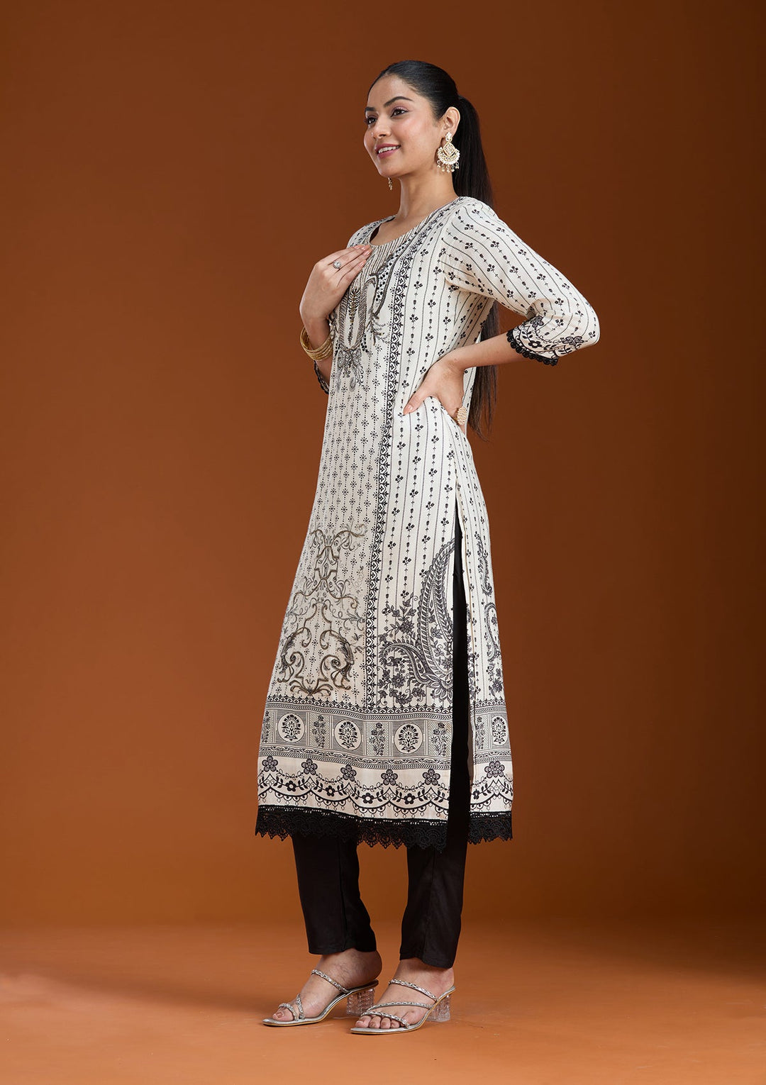 Off White Printed Crepe Readymade Salwar Suit_koskii